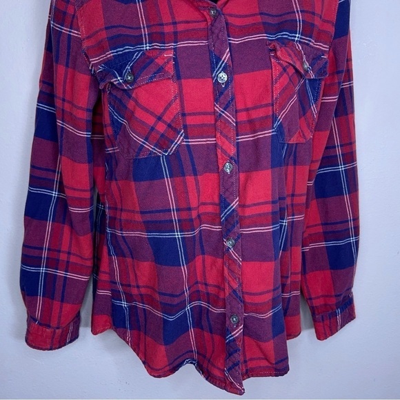 MEDIUM WOMENS EMPYRE RED PLAID HOODED BUTTON FRONT LONG SLEEVE - Picture 6 of 11